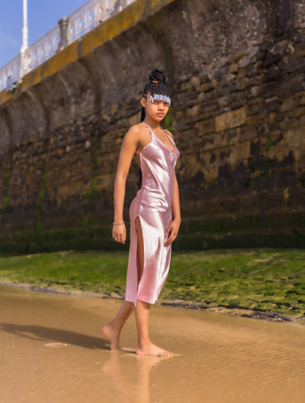 Dominican ethnic girl with braids with a beautiful pink dress. Fashion enjoying the summer walking on the beachの写真素材