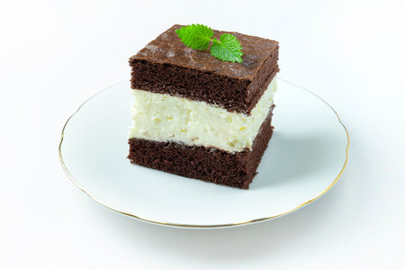 The cake with chocolate and milk filling lies on a white plate, white background
