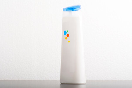 Hair shampoo bottle in front of  light gray background, editable mock-up series template ready for your design, label selection path included.の写真素材