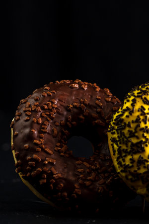 Fresh tasty colored donuts with sprinkles on black background