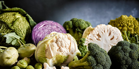 Pile of various ripe cabbages stacked on table on dark background in studioの写真素材