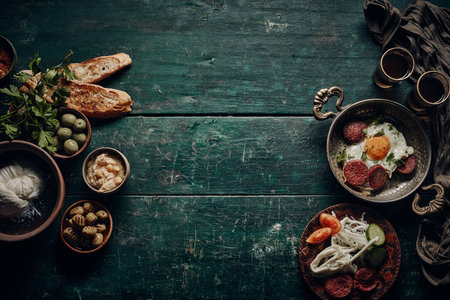 From above of fried eggs and sausages in plate and assorted dishes for traditional Turkish breakfast arranged on dark wooden tableの写真素材