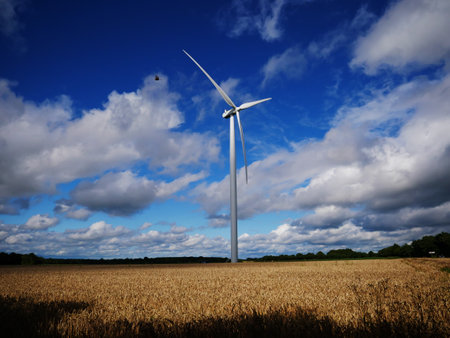 Beautiful picture of a wind turbine in a field under a cloudy sky