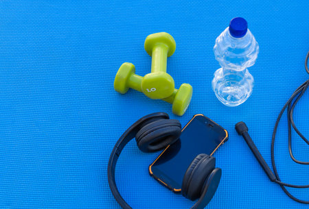 weights and fitness training equipment on the gym floorの写真素材
