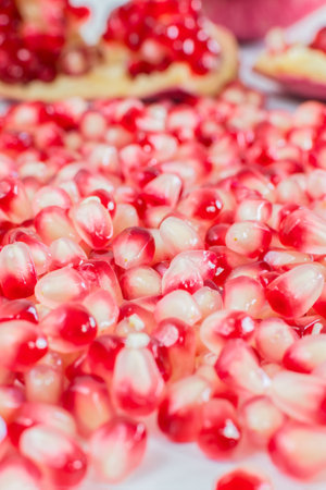 Close up of fresh pomegranate seeds. Background picture.の写真素材