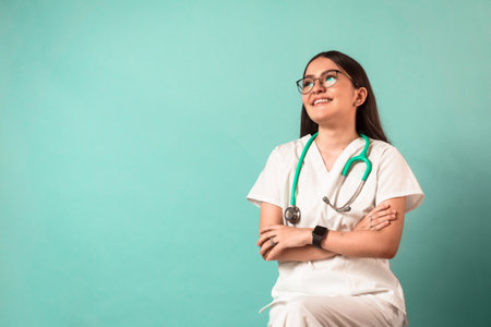 portrait of a young happy latin woman with glasses and a stethoscope wear folded arms medicine uniform. education concept.の写真素材