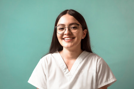 portrait of a young Latin American woman in a health suit. Hispanic doctor or nurse young woman education concept.の写真素材