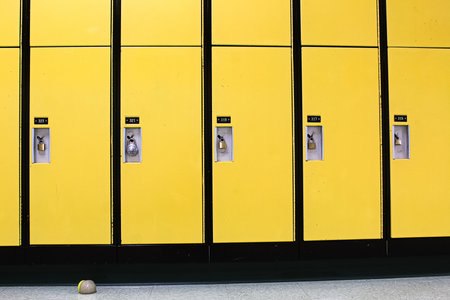 A row of lyellow ockers with locks on them,の写真素材