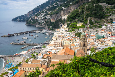 Scenic aerial view of Amalfi, the most famous and charming town of the Amalfi Coast, Italyの写真素材