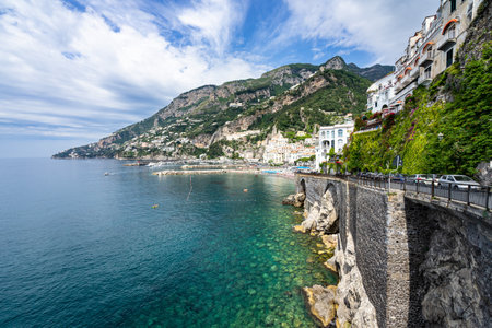 The famous coastal road of Amalfi Coast near Amalfi town overlooking on the Mediterranean Sea, Italyの写真素材