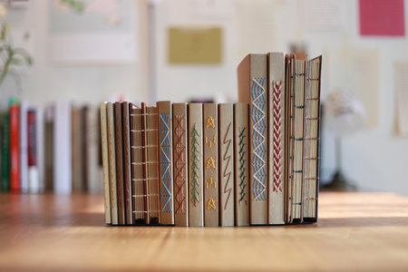 Small books on the wooden table background