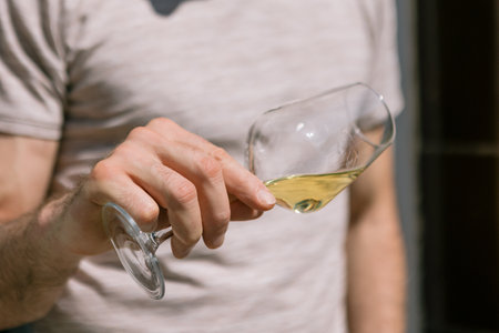 Young sommelier man doing wine degustation inside winery - Focus on hand holding glass