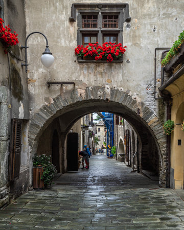 The picturesque town of Bard in Aosta Valley, one of the most beautiful village of Aosta Valley region, Italyのeditorial素材