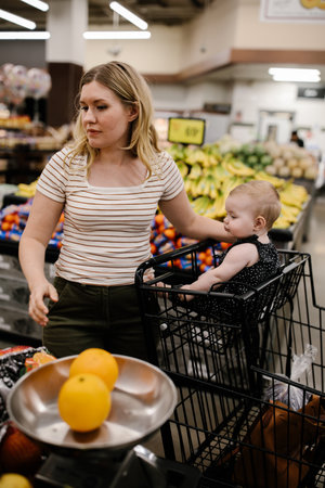 mother and daughter grocery shopping for fresh fruitの写真素材