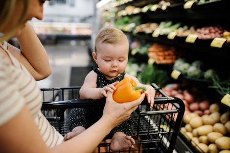 mother and daughter grocery shopping for organic produceの写真素材