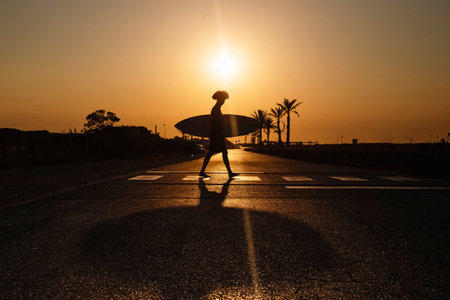 Silhouette of a surfer with afro hair walking at sunrise with surfboardの写真素材
