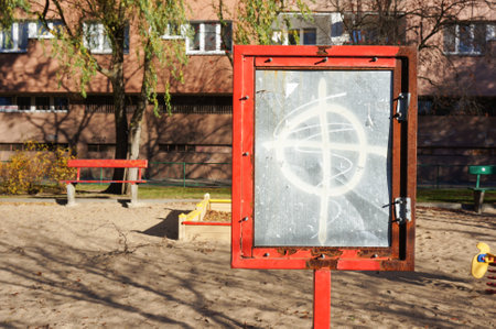 Metal sign standing by a apartment block