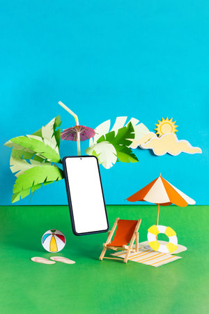 Summer travel season banner. Mobile phone with blank screen.の写真素材