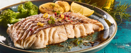 Delectable fish fillet with broccoli and potato served on table in cafe for nutritious lunch