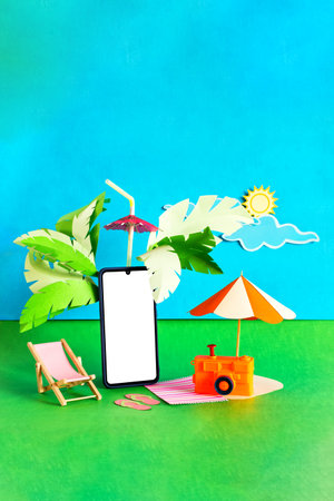Tropical vacation and travel season banner. Mobile phone with blank screen.の写真素材