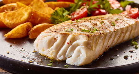 Appetizing baked pollack fish fillet served on black plate with crispy potato wedges cherry tomatoes and mixed leavesの写真素材