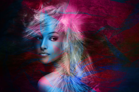 fantasy colorful beautiful young woman portraitの写真素材
