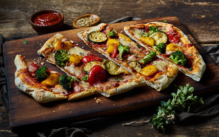 From above of delicious vegetarian pizza with vegetables served on wooden table with herbs and...