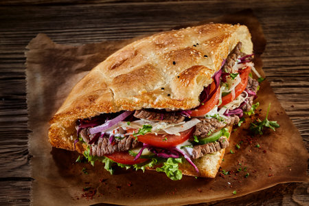 High angle of doner kebab with appetizing meat and fresh vegetables placed on tableの写真素材