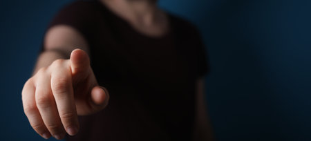 young man finger pointing touch modern blueの写真素材