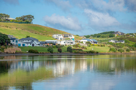 luxury water front properties near the mouth of the Waipu Riverの写真素材