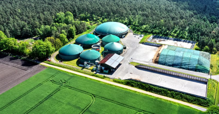 Aerial view of a biogas plant for the production of electrical energy from organic waste and agricultural residuesの写真素材