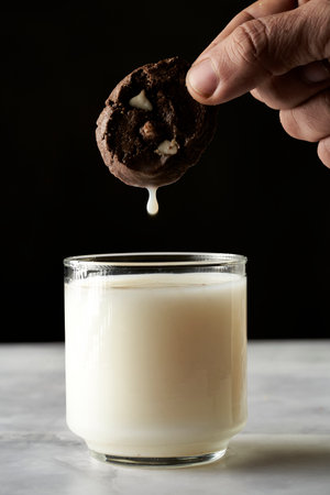 cookie in glass of milk drop fallingの写真素材