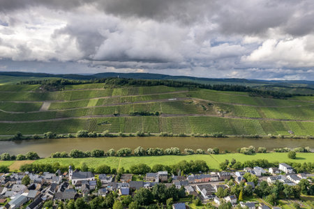 Aerial view of a landscape in Rhineland-Palatinate, Germany on the river Moselle with the village Braunebergの写真素材
