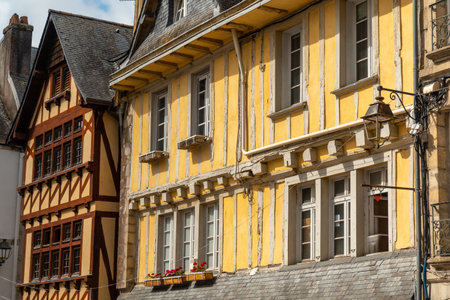 Old wooden colored houses in the medieval village of Quimper in the Finisterre department. French Brittany, Franceの写真素材