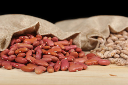 New Orleans Red Kidney Beans in Burlap Bagの写真素材