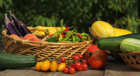 Organic Summer Vegetable Harvest on Table Outdoorsの写真素材