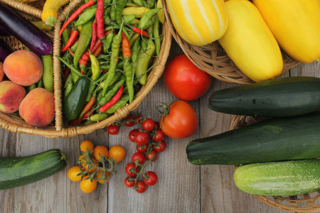 Organic Summer Vegetable Harvest on Table Outdoorsの写真素材