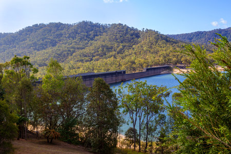 Low water level at the dam wall at Tinaroo Falls Dam in Queensland, Australiaの写真素材