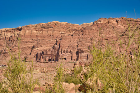 Distant view on Urn and Palace Tomb at historical site of Petra, Jordan. Travel and Tourism.のeditorial素材