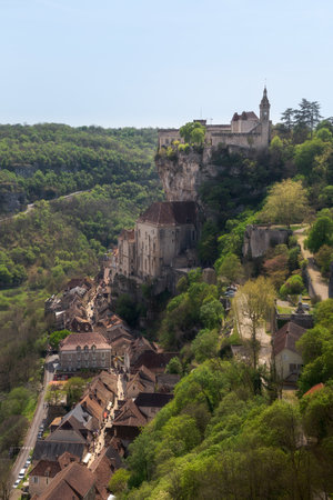 A natural view of a Rocamadour medieval town in France against a clear blue sky backgroundのeditorial素材