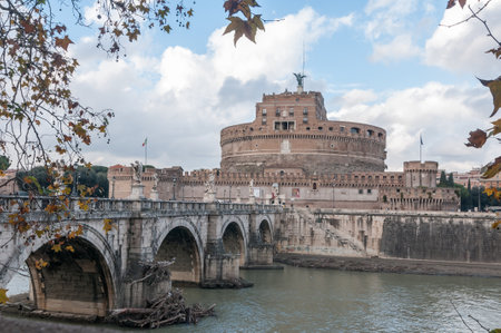 A view of Sant Angelo bridge and castle from the other side of the river Tiberのeditorial素材