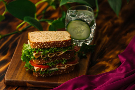 healthy sandwich with cucumber water, healthy diet concept, dark food styleの写真素材