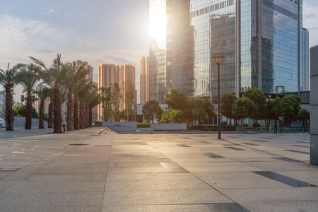 empty ground floor and modern office buildings  in downtown.の写真素材