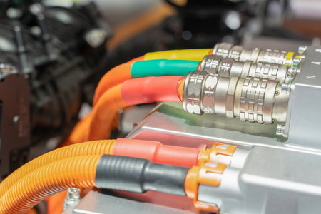 close up view of detailed electric car pipe line in engine cooling system