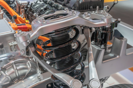 close up view of detailed electric car shock absorber system and engine spare parts.の写真素材