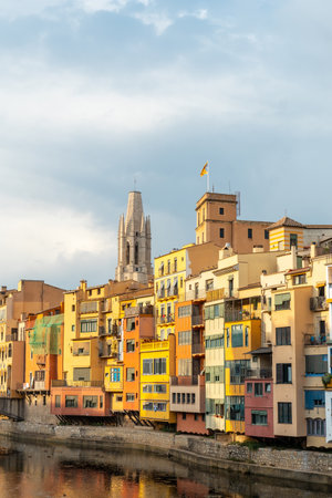 Girona medieval city from the famous red bridge Pont de les Peixateries Velles, Costa Brava of Cataloniaの写真素材