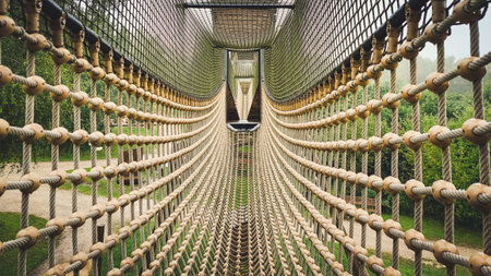 Suspension bridge with rope and mesh nett on a playground for children. Outdoor fun.の写真素材