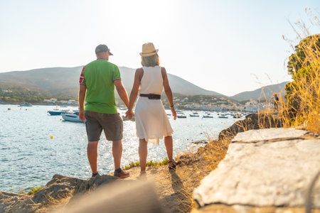 A couple on vacation in Cadaques enjoying the summer, Costa Brava of Catalonia, Gerona, Mediterranean Sea. Spainの写真素材