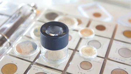 Round magnifying glass on album with coins from different countries - Numismatic sceneの写真素材