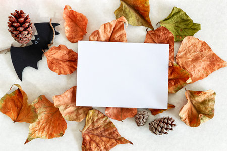 Banner. Modern background with autumn leaves and bat. Halloween with copy space for text.の写真素材
